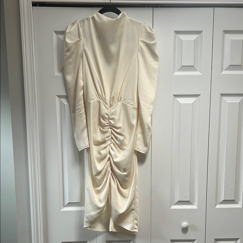 NBD Cream Ruched Sheath Midi Dress with Bishop Sleeves